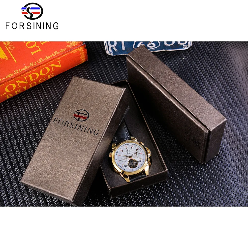 Forsining Automatische mechanische Herrenuhr, modisch, goldenes Tourbillon, Mondphase, Datum, echtes Leder, Business, Sport, Montre Ho297M