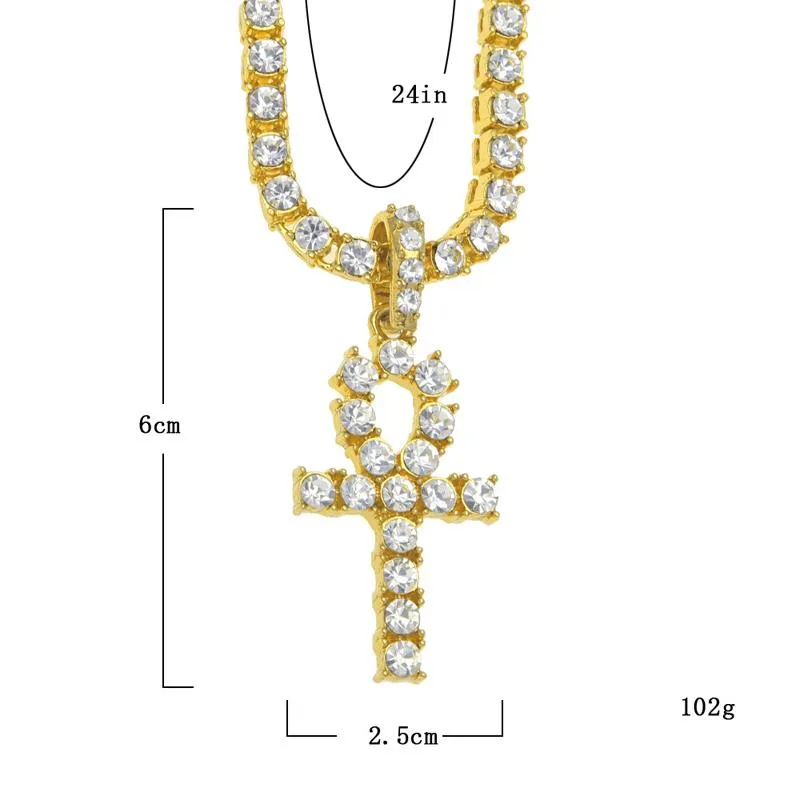 Egyptisk ankh nyckelhalsband Mens Bling Gold Plated Chain Rhinestones Crystal Cross Iced Out Pendant för kvinnors rappare Hip HO241A