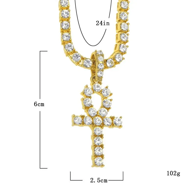 Egyptiska ankh -nyckelhalsband Mens Bling Gold Plated Chain Rhinestones Crystal Cross Iced Out Pendant för kvinnors rappare Hip HO2650