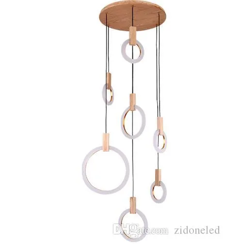 Lustre contemporain en bois LED, anneaux en acrylique, éclairage d'escalier, 3 5 6 7 10 anneaux, luminaire d'intérieur, 261C