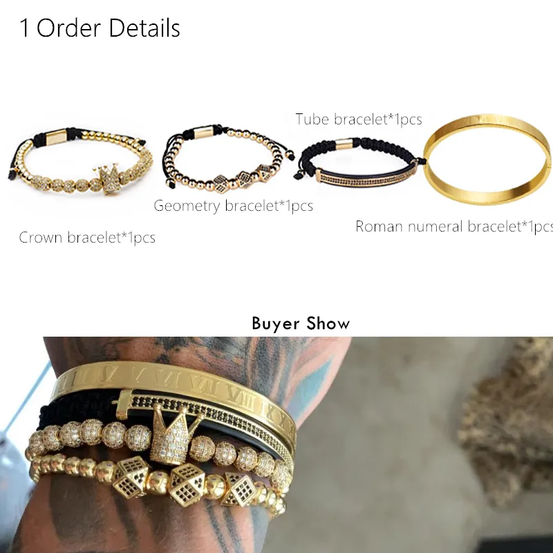 Bracelet tressé classique fait à la main en or Hip Hop pour hommes, pavé de Zircon, couronne en chiffres romains, bijoux de luxe MX190726310q