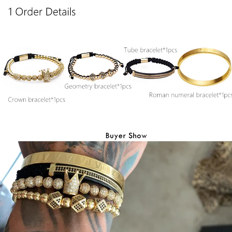 Bracelete de bracelete artesanal clássico Gold Hip Hop Men Pavor de zircão CZ Coroa Roman Numeral Bracelet Jóias de luxo MX190726211U