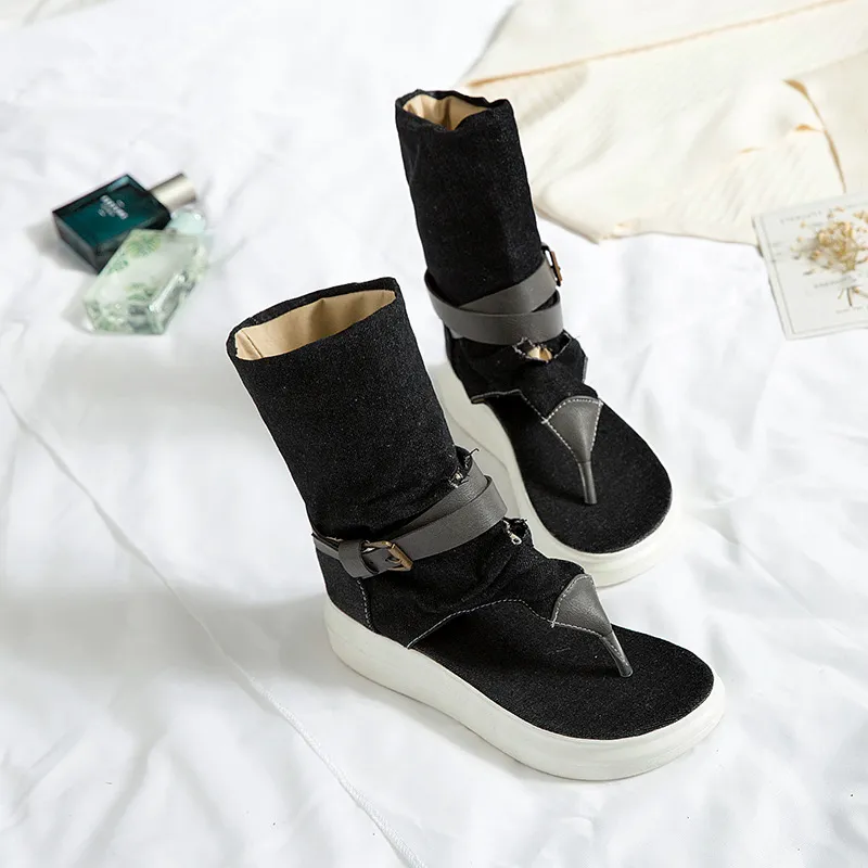 High Top Summer Beach Girl's Sandals Open Toe Roman Shoes Flip-Flops Black Girl Short Boots Women's Denim Sandal Large Size 33-43