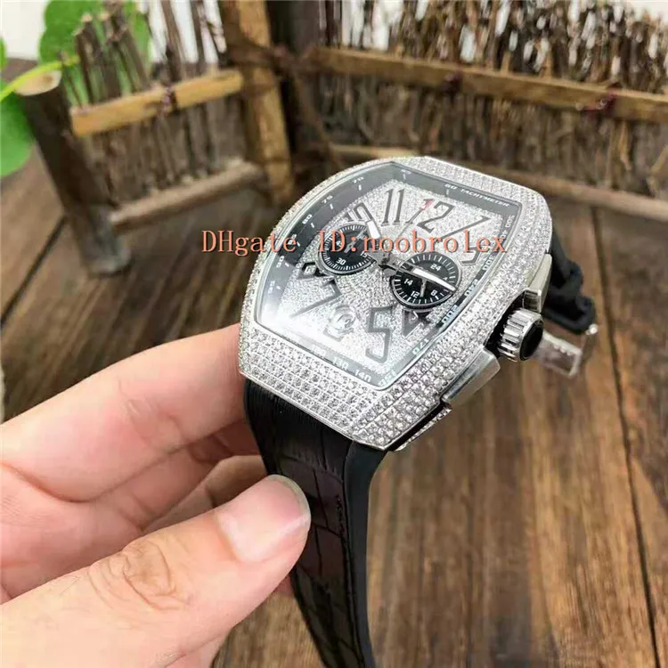 Top Yachting V45 Mens Watch VK Quartz Movement Tonneau 316L Stainless Steel Full Diamond Case Sapphire Crystal Leather Strap Wrist258K