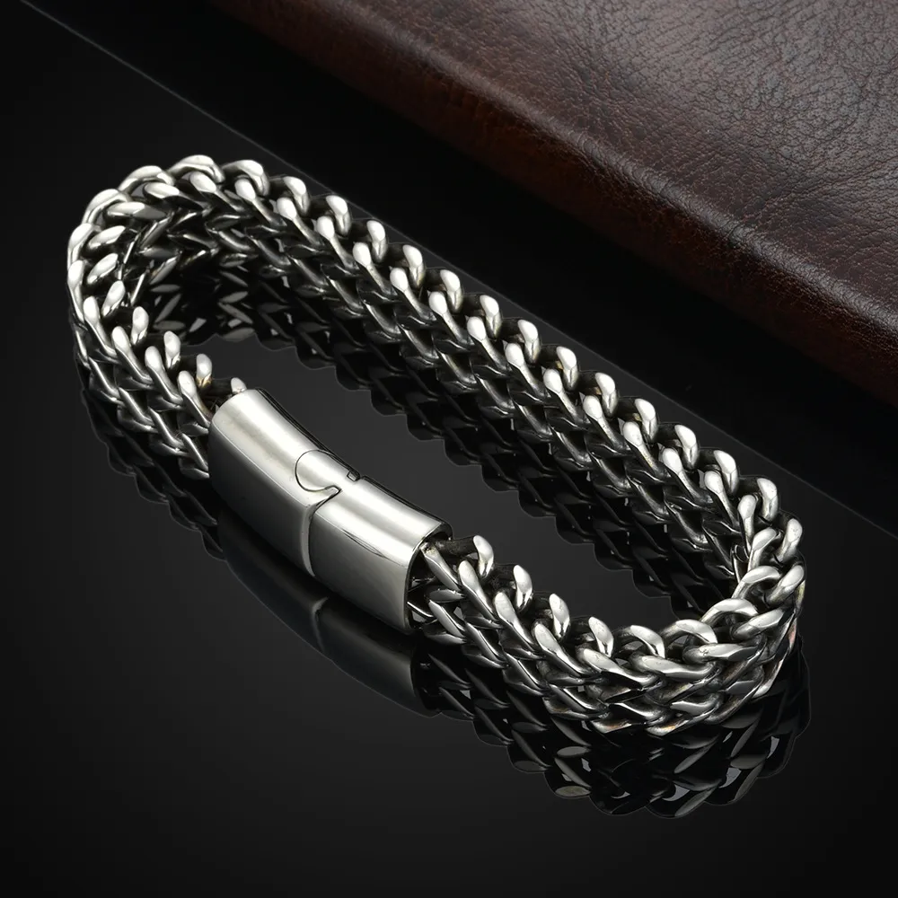 Bracelet tressé en acier inoxydable pour hommes, Double rangée avant et arrière, fermoir magnétique, bijoux en acier titane 278k