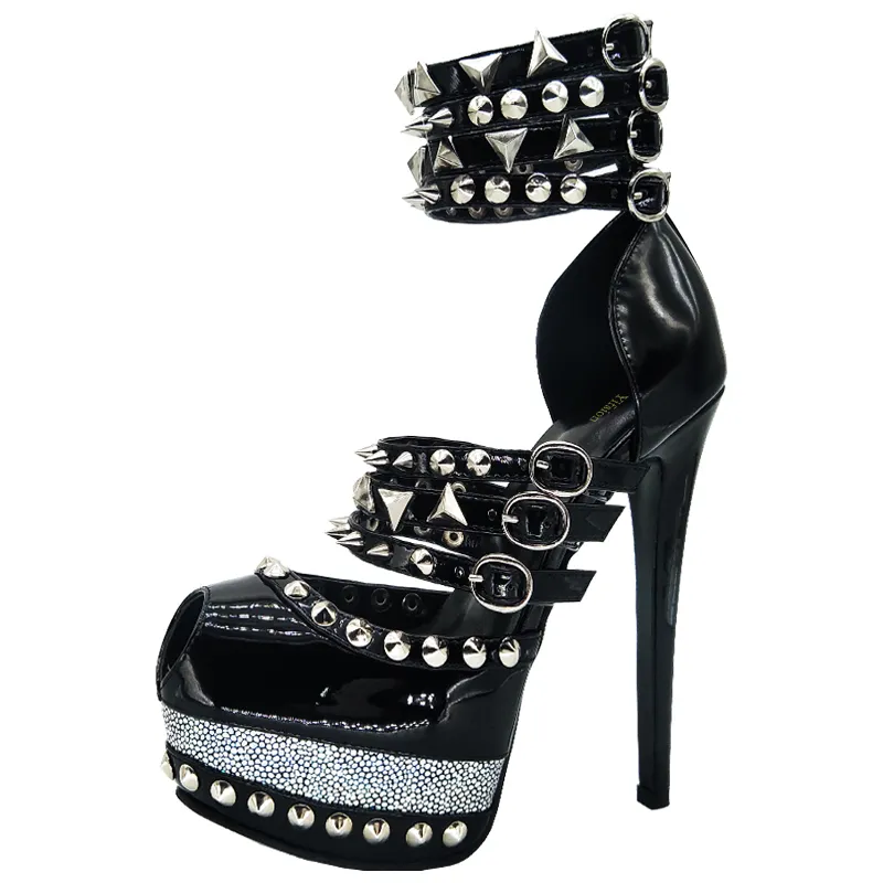 Olomm New Women Platform Sandals Sexy Rivets Stileetto High Heels Sandals Peep Toe Black Party Shoes Us Us Plus 4-12