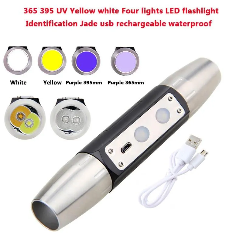 Przenośna LED wielofunkcyjna latarka UV światło cztery źródło światła białe żółte logo produktu Pracuj ze srebrnym ładownictwem4953491
