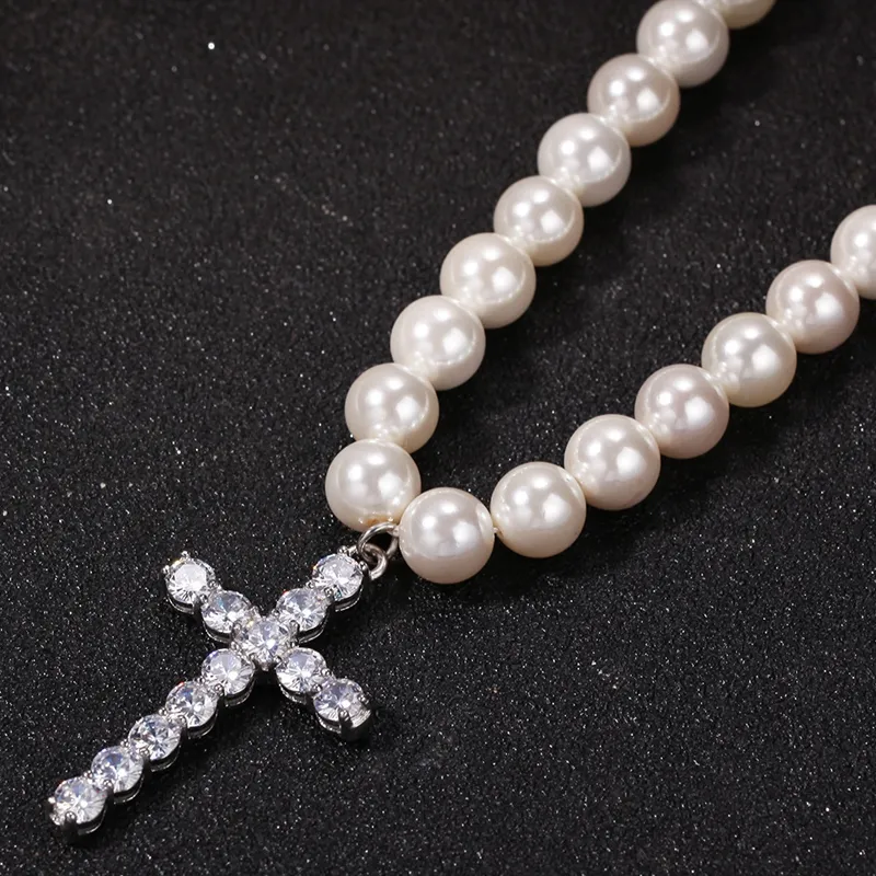 Fashion Mens Pearl Beaded Necklace Hip Hop Jewelry Iced Out Cross Pendant Halsband 8mm 10mm2733