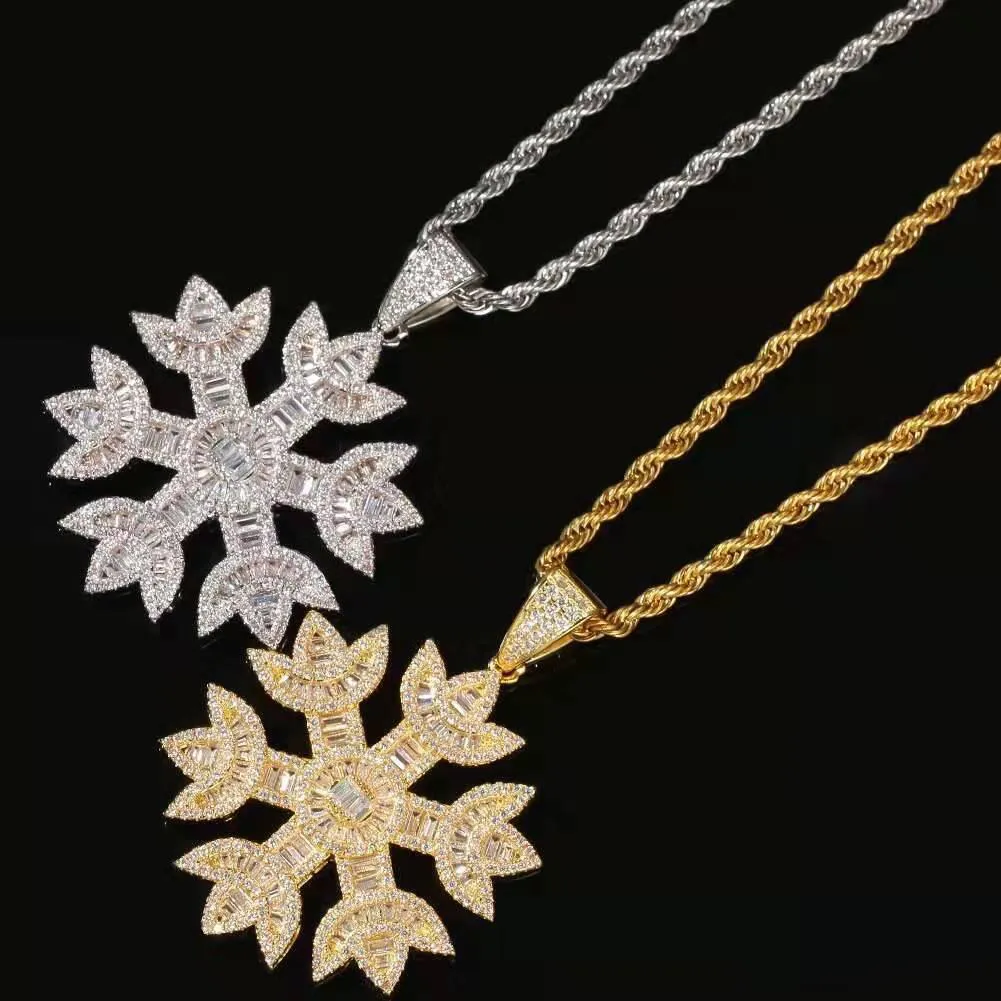 Iced Out Schneeflocke Anhänger Halsketten Männer Luxus Designer Herren Bling Diamant Schneeflocken Anhänger Gold Silber Blume Halskette Jewelr284F