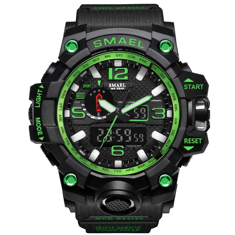 SMAEL 1545 Brand Men Sports Watches Double affichage Analog Digital LED Electronic Quartz Wristcarches étanche nageuse militaire WA342K