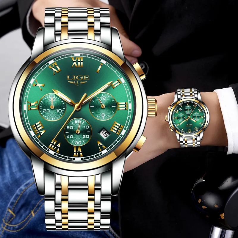 Часы мужские 2019 LIGE лучший бренд класса люкс зеленый модный хронограф мужской спортивный водостойкий цельнометаллический кварцевые часы Relogio Masculino C190s