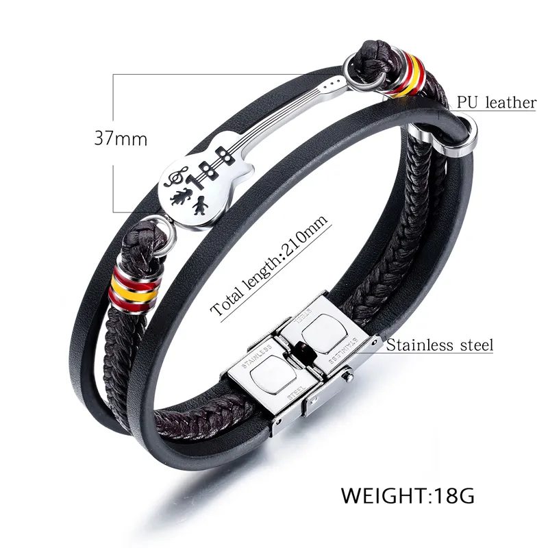 Bracelets en cuir mini guitare en acier inoxydable pour hommes Punk personnalisé en cuir véritable corde bracelet musique charme bijoux de mode Gi334v