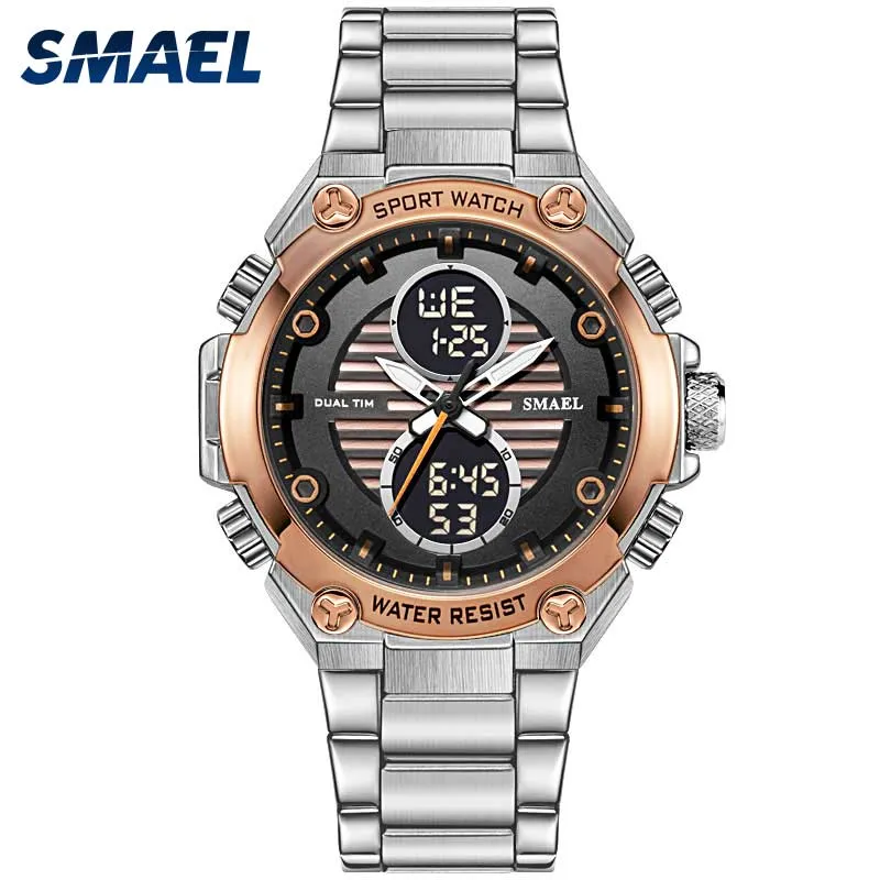 SMAEL Orologio da uomo digitale in lega orologio in oro quadrante grande sport orologio di marca di lusso da uomo 30M impermeabile1372 meccanismo di orologio elettronico da uomo n304O