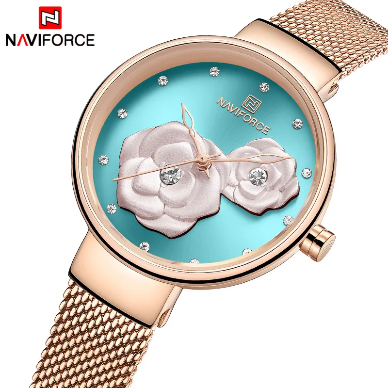 Nuevo Naviforce Rose Gold Women Watches Garro de cuarzo Mira Damas con caja de lujo Muñeco de muñeca Reloj Set para 292X