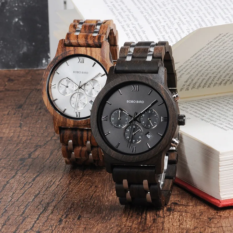 Bob Bird Wooden Watch Mężczyźni dla miłośników podwójne drewno i stalowe zegarki dla kobiet z Stopwatch Kobiety Erkek Kol Sati zegarek CJ1911215D