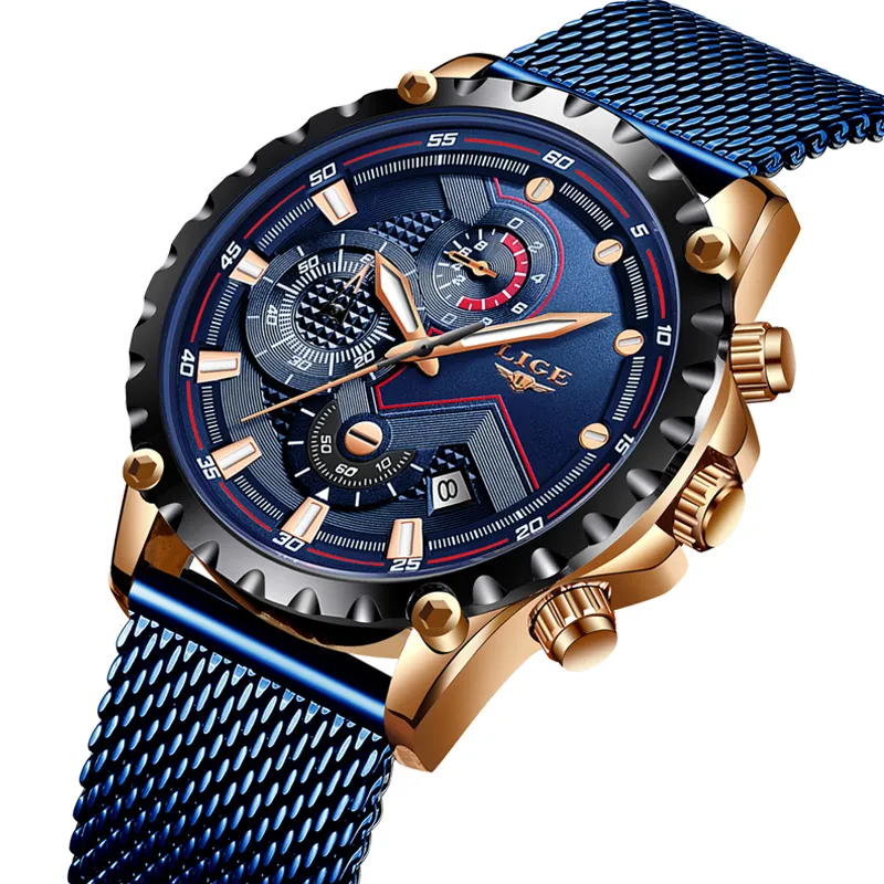 LUIK Nieuwe Heren Horloges Mannelijke Mode Topmerk Luxe Roestvrij Staal Blauw Quartz Horloge Mannen Casual Sport Waterdicht Horloge Relogio LY220Z