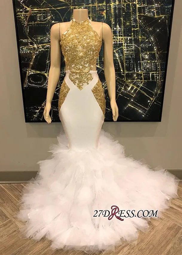 Gorgeous Halter Neck Gold and White Prom Dress 2019 sjöjungfrun Långa kvällsklänningar Botten med Tulle Ruffles Party Dresses243e