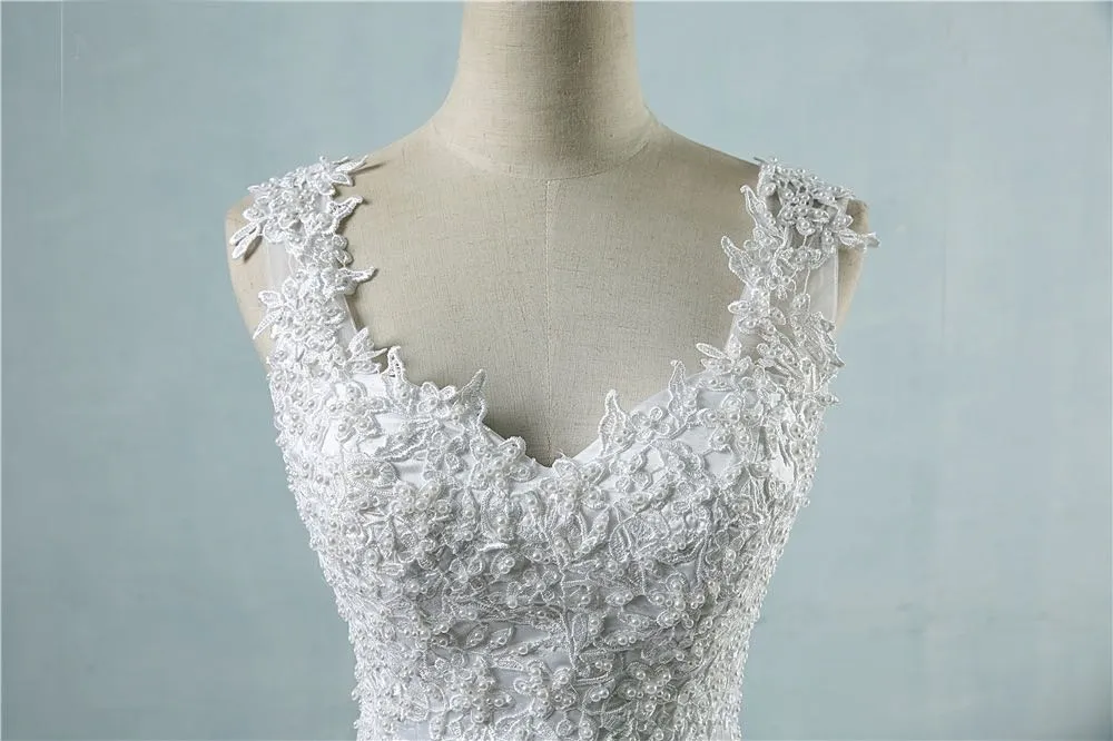ボールガウンスパゲッティストラップホワイトアイボリーチュールウェディングドレス2020パール付きブライダルドレス結婚顧客メイドサイズ235x