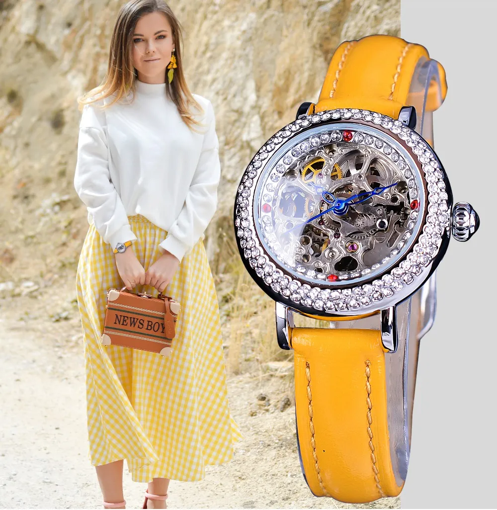 Forsining Gelb Leder Transparent Blume Zurück Skeleton Royal Crown Mode Dame Diamant Luxus Frauen Mechanische Uhren Clock247o
