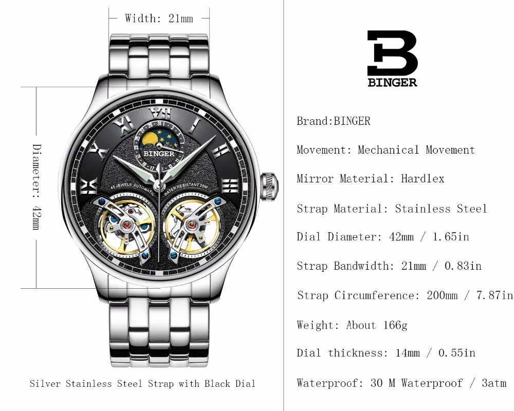 Двойные швейцарские часы Binger Оригинальные мужские автоматические часы с автоподзаводом Модные мужские механические наручные часы из кожи Y1905150307K