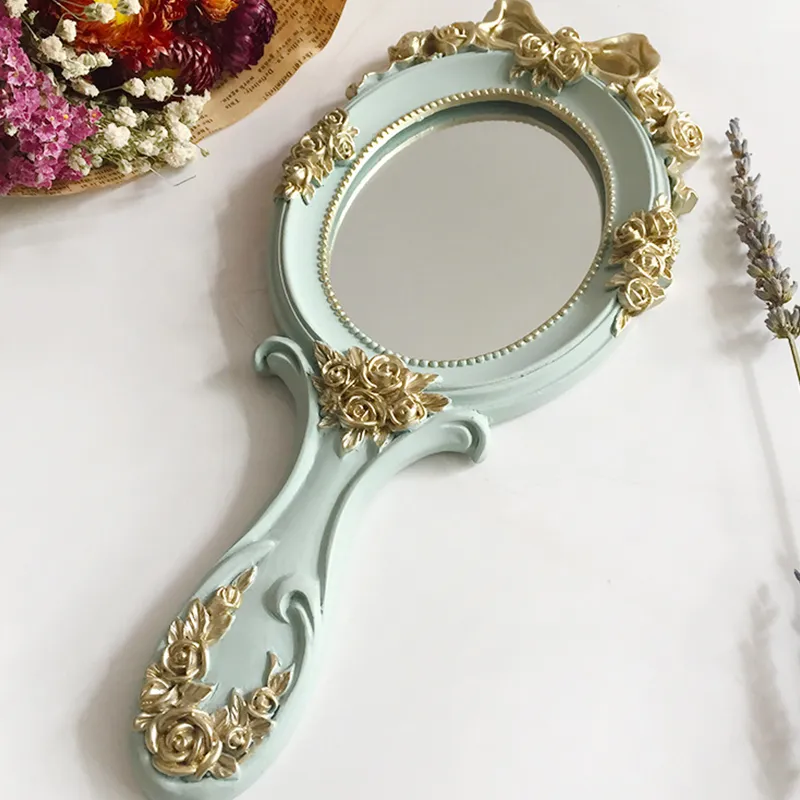 귀여운 창조적 인 나무 빈티지 핸드 거울 메이크업 세면대 거울 사각형 손잡이 선물을위한 손잡이가있는 화장품 거울 T2003667343