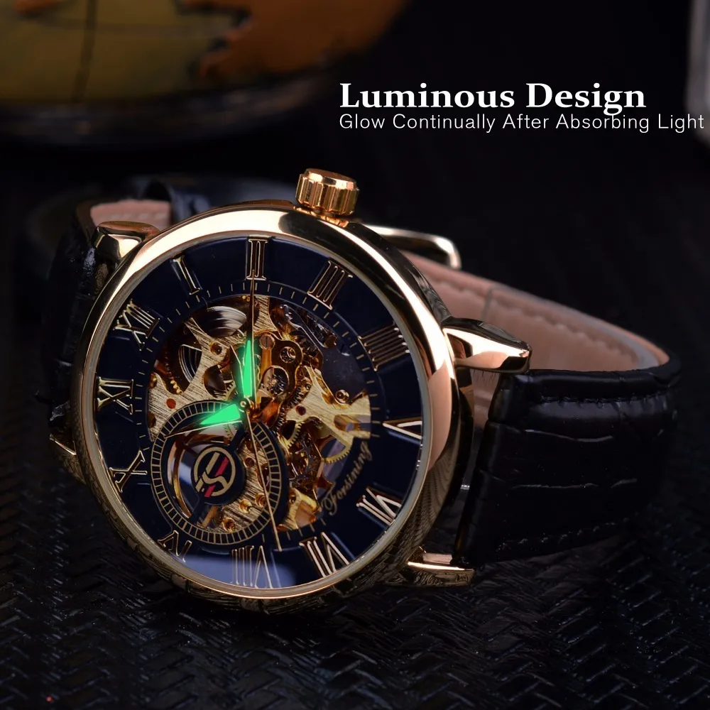 Forsining Relojes para hombres de primeras marcas de lujo Reloj esqueleto mecánico Negro Dorado Diseño literal 3d Número romano Reloj con esfera negra J190293C