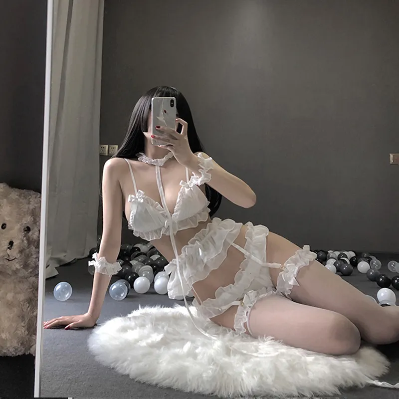 Сексуальное женское белье Симпатичные белые оборки Кружева Дамы Kawaii Babydoll Лолита Женский комплект Мягкая черная пижама для девочек Розовые костюмы для косплея CX20078344076