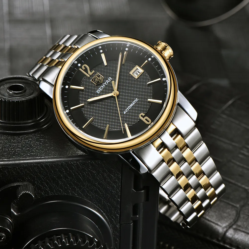 Reloj BENYAR de cuero de marca de lujo a la moda, reloj de pulsera automático para hombre, relojes mecánicos de acero para hombre, reloj Masculino273f