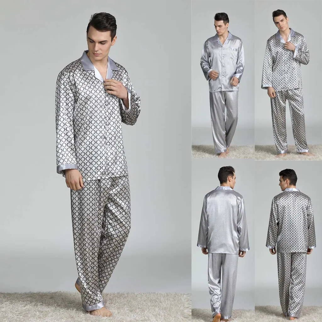 2019 Silk Men Pajama Sets Sleep Solid Satin Sleepwear Men Summer Suit Full Sleeve Silk Pyjama Men Pyjamas Male#g2 V191216278Q