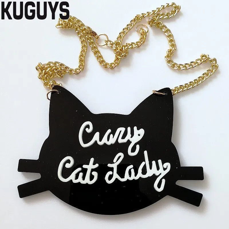 KUGUYS модное ювелирное изделие с надписью Crazy Cat женское ожерелье для женщин модное акриловое черное ожерелье с котенком большой кулон свитер Chain248j