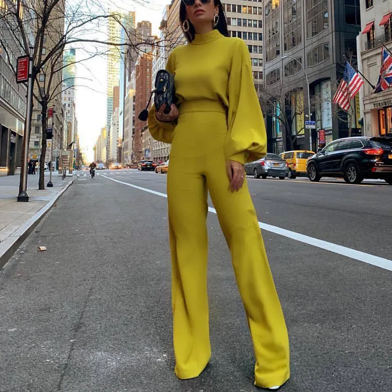 Women Spring Fashion Elegant Office Lady Workwear Casual Long Jumpsuits High Neck Lantern Sleeve Wide Leg Overalls T5190614
