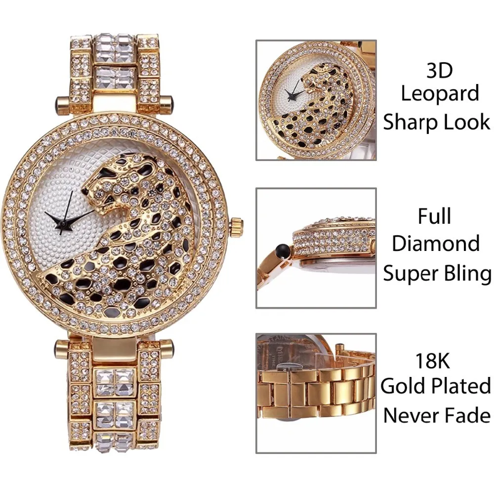 Miss Fox Женские кварцевые часы Модные блестящие повседневные женские часы Женские кварцевые золотые часы Crystal Diamond Leopard для женщин Часы T71281l