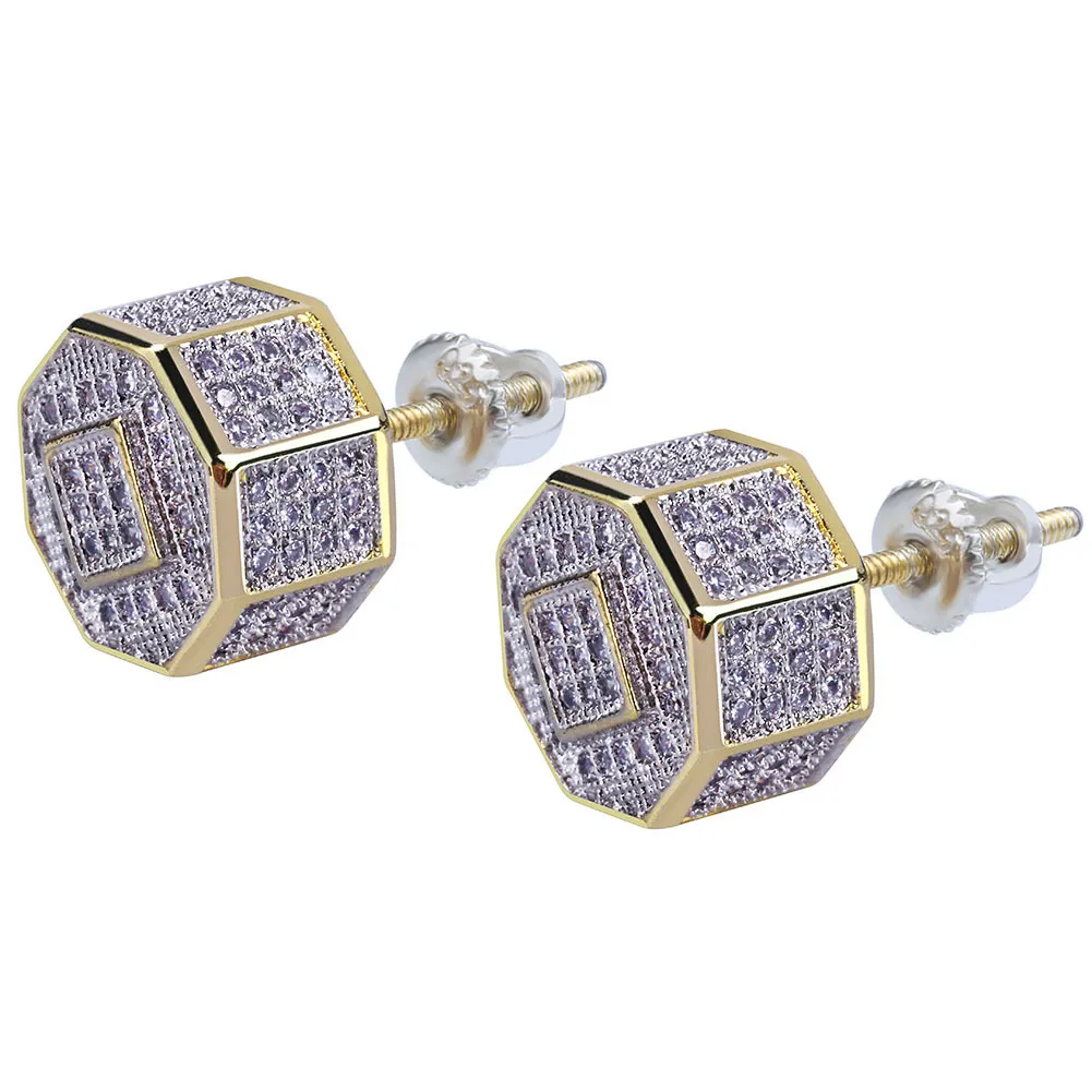 18k Gold Plated Hip Hop -rappare Iced Out CZ Cubic Zirconia Polygon Stud örhängen Full Diamond Earring Studs smycken gåvor för pojkar 305Z