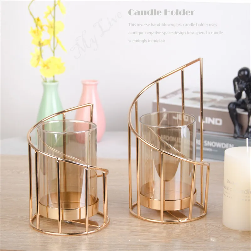 Candelabro de hierro dorado, candelabro geométrico europeo, vela de cristal romántica, decoración del hogar, decoración de mesa T200617216S