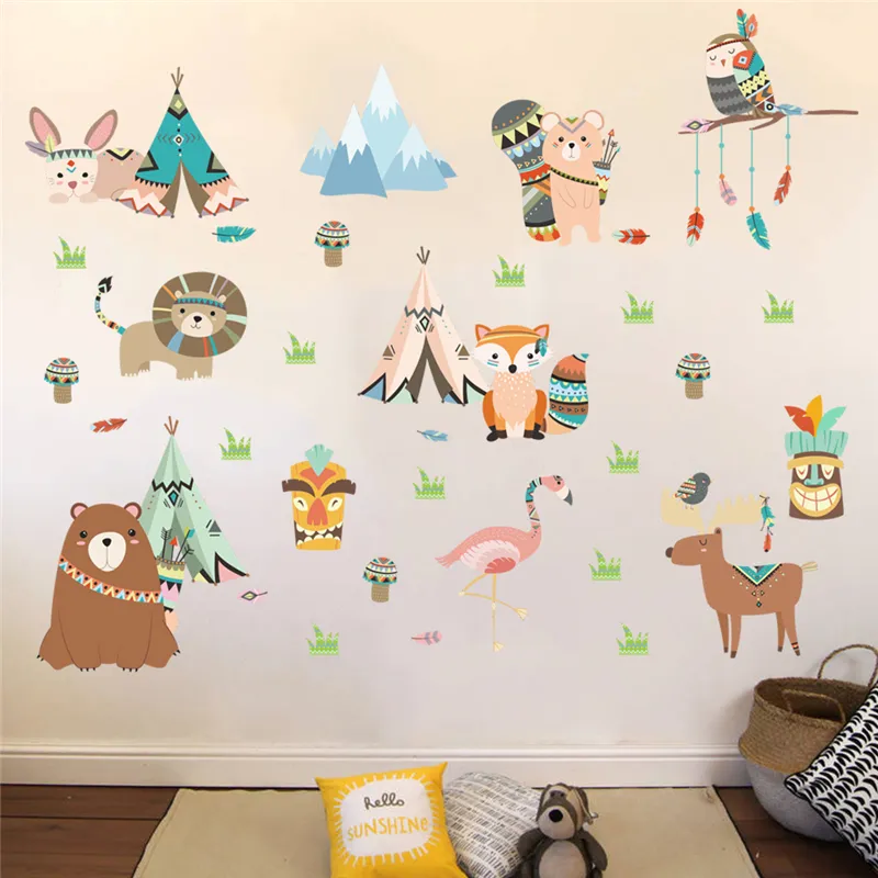 Funny Animals Indian Tribe Wall Stickers For Kids Rooms Home Decor Cartoon Owl Lion Bear Fox Wall Decals Pvc Mural Art7445172