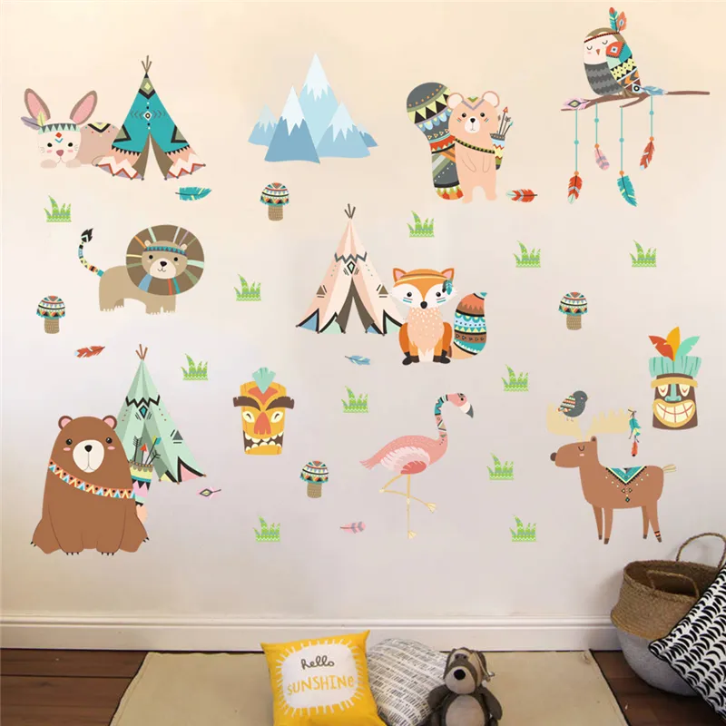 Zabawne zwierzęta Indian Tribe Wall Tickers For Koiding Rooms Decor Home Cartoon Owl Bear Fox Wall Dalece Pvc Mural Art7445172