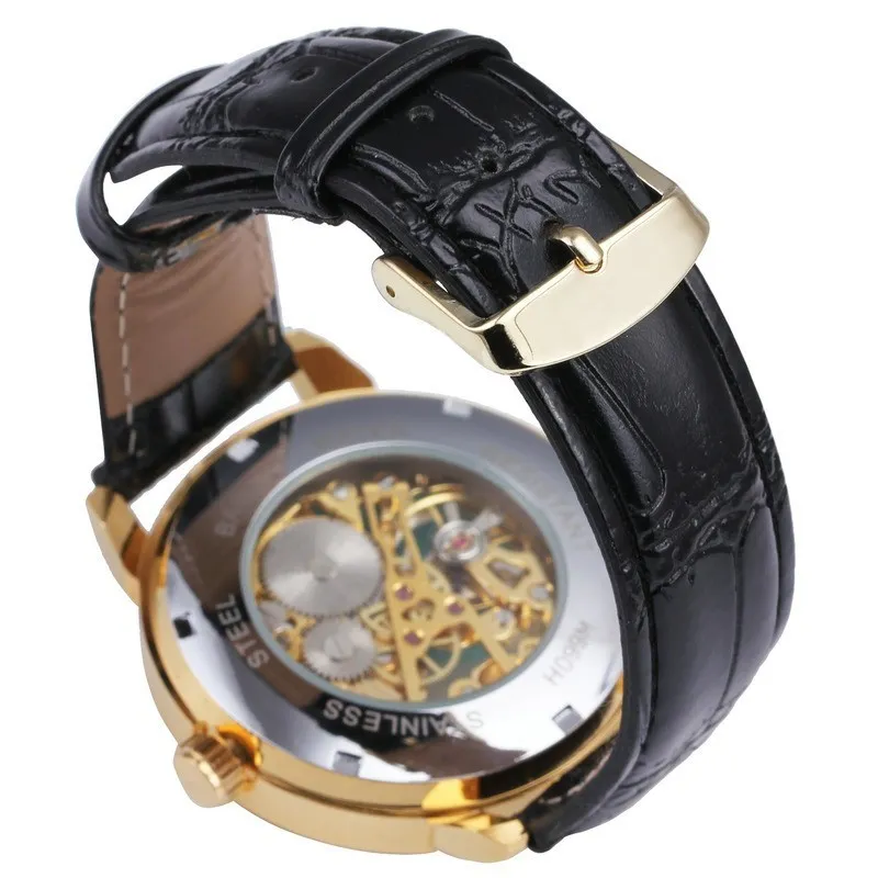 Forsining 3d Logo Design Hohl Gravur Schwarz Gold Fall Skeleton Mechanische Männer Uhren Heren Lederband Heren Horloge Y19052283t