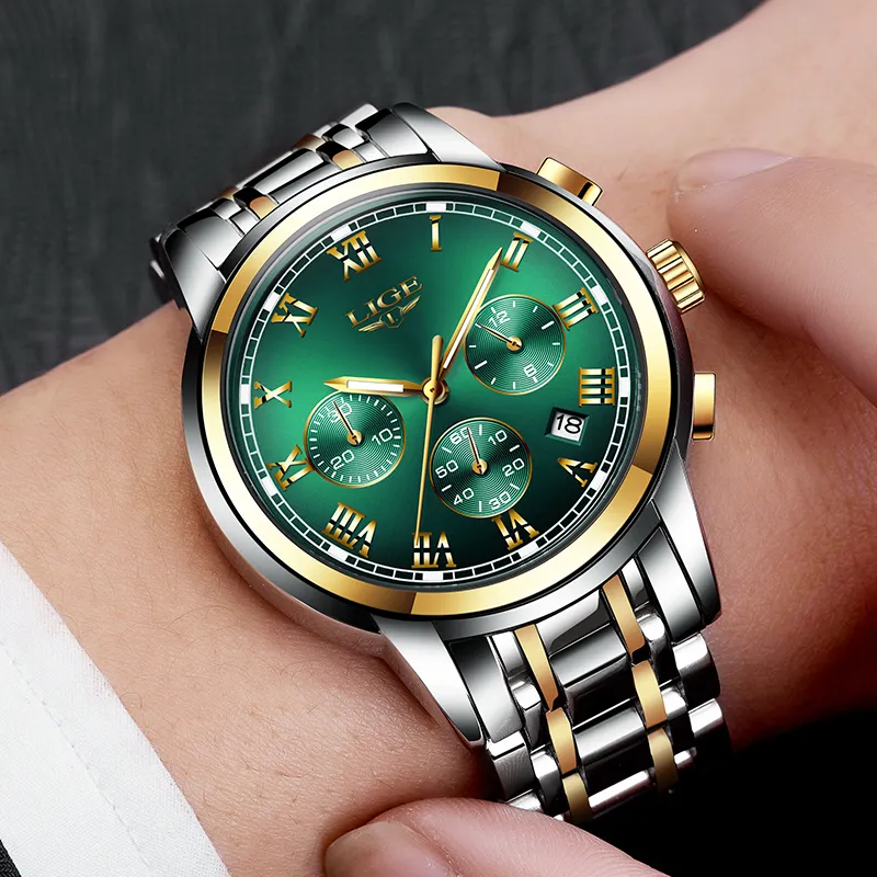 Montres Mens 2019 Lige Top Brand Luxury Green Fashion Chronograph Male Sport étanche All Steel Quartz Relogie Masculino C2989