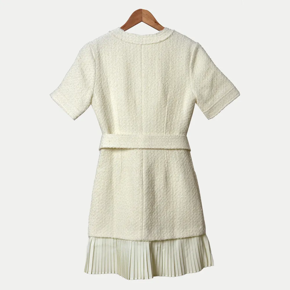 2020 Spring Short Sleeve Round Neck White Pure Color Tweed Panelled Belted Pleated Knee-Length Dress Women Fashion Dresses W1815218