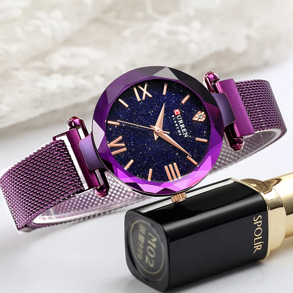 NEW CURREN Luxury Women Watches Mesh Ladies Clock Magnet Buckle Starry Diamond Geometric Surface Casual Dress Quartz Wristwatch304c