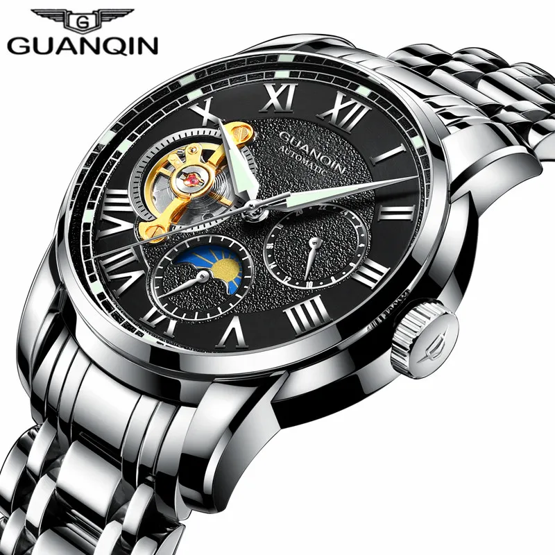 Guanqin Top Brand Tourbillon Automático Avanário de Luxo Men de luxo Esporte Aço inoxidável impermeável relógio mecânico Relogio Masculino315R