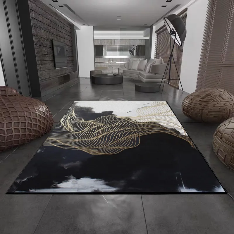 Black White Living Room Area Rugs Landscape Painting Carpet Gold Linen Hallway Tapete Bedroom Bedside Non-Slip Kitchen Carpets263n