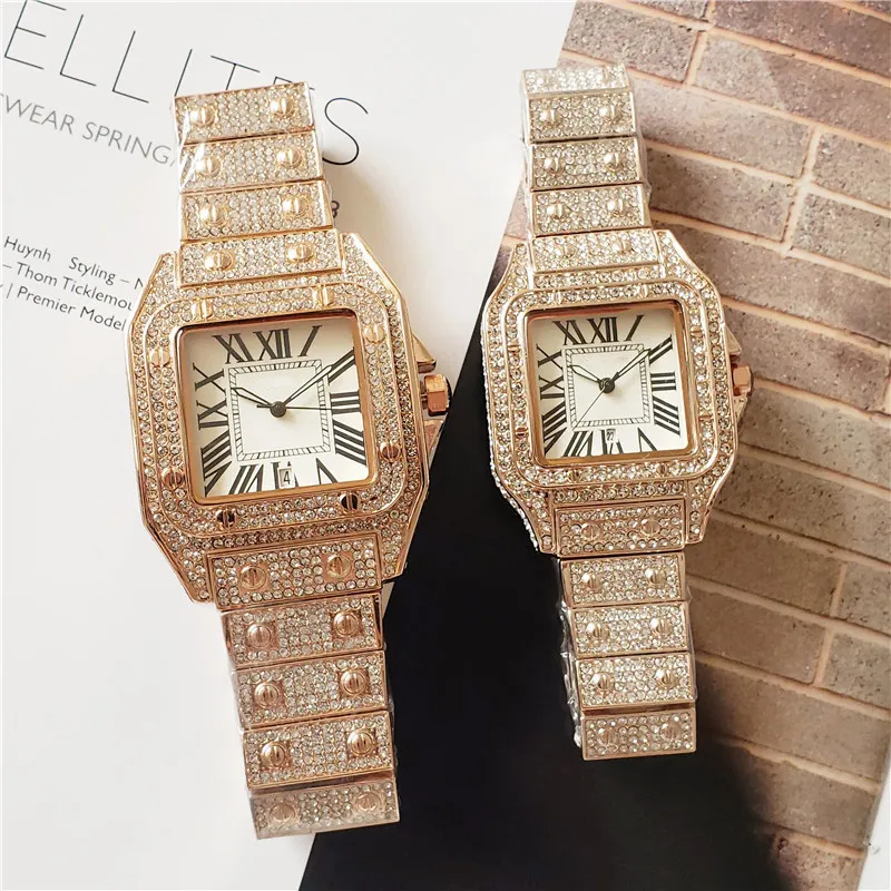 Montres de marque femmes hommes Couples amoureux cristal diamant carré Style bracelet en acier Quartz montre-bracelet C22291z