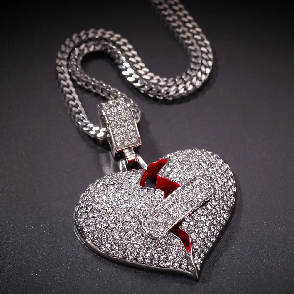 New Hip Hop Iced Out Full Diamond Band-aid Heart-breaking Pendant Broken Heart Alloy Necklace OK Stretch Love PendanH2710