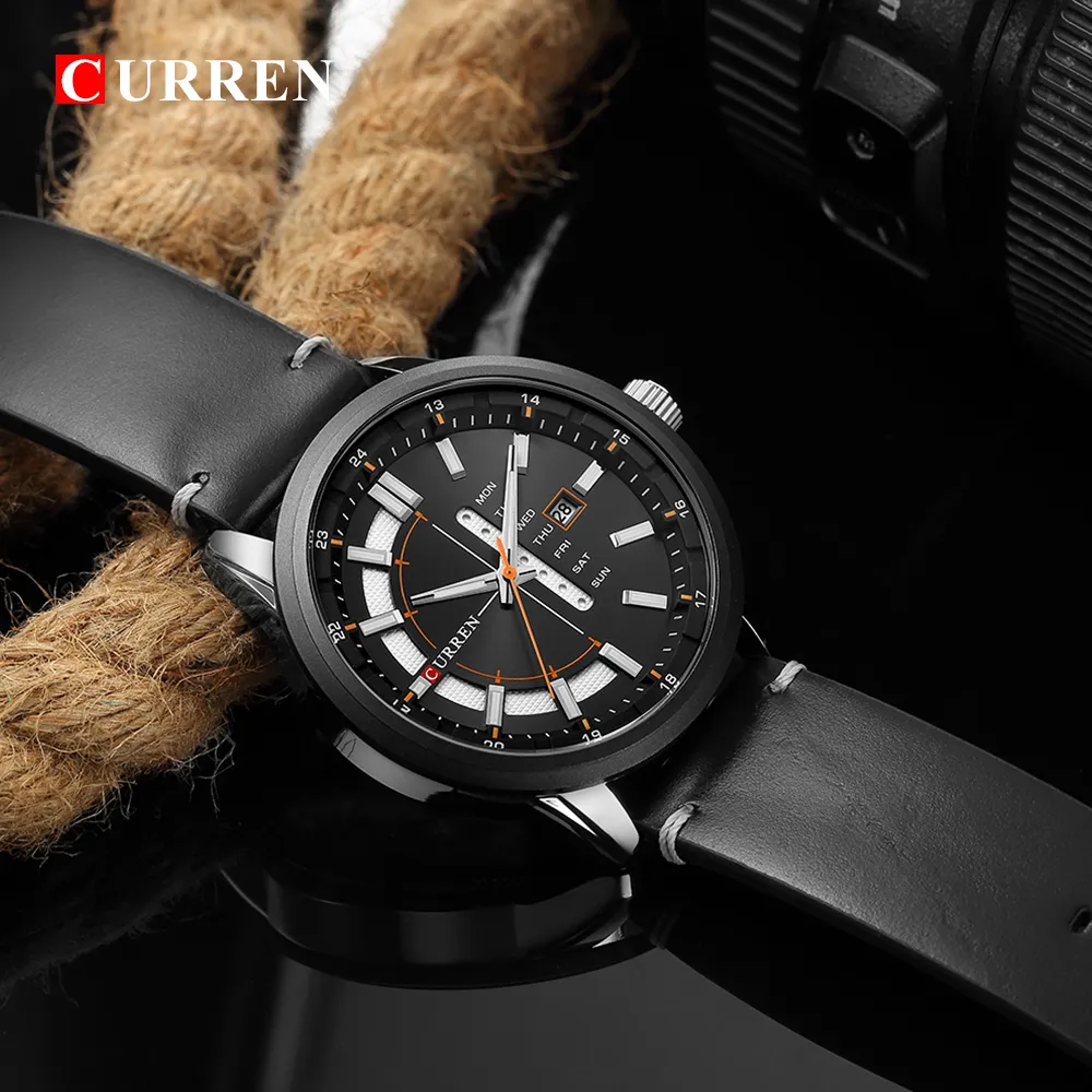 Curren Casual Leather Business Business Wrists Classic Black Quartz Men's Watch Afficher Date et semaine Male étanche CLOC156Q