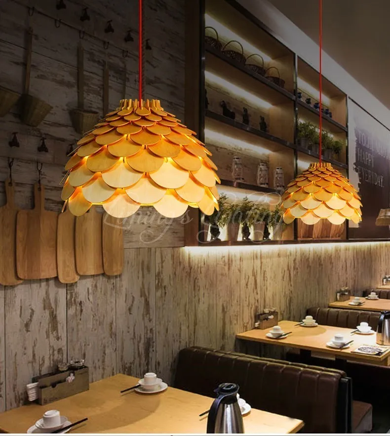 Ek trä pinecone pendellampor hängande trä lampor matsal restaurang retro fixturer belysning219s