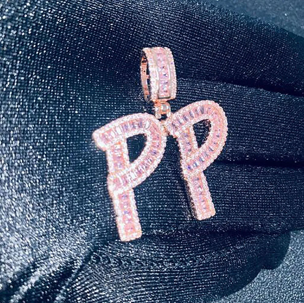 Hip Hop Custom Pink Baguette Letters Anhänger Halskette Kombination Buchstaben Name Anhänger 24 Zoll Pink Tennis Halsketten Zirkonia Jewel288z