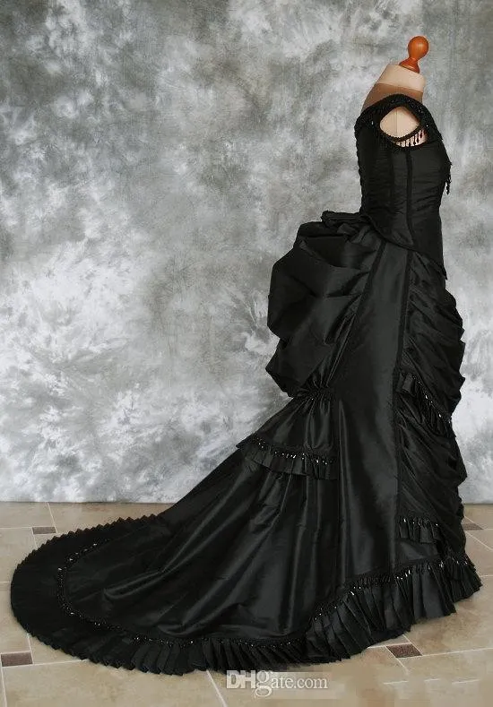 Robe de bal gothique victorienne perlée avec train Vampire Ball Mascarade Halloween Robe de mariée noire de soirée Steampunk Goth 19336P