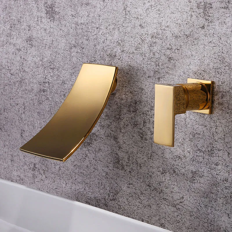 Goud Zwart Gescheiden Badkamer Wastafel Kraan Wandmontage Waterval Stijl Koud Wastafel Water Mixer Chroom Tap2342