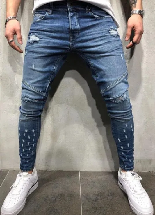 Mens Cool Designer Marca Lápis Jeans Skinny Rasgado Destruído Estiramento Slim Fit Hop Hop Calças com Buracos para Homens Impresso Calças de Jeans T200608